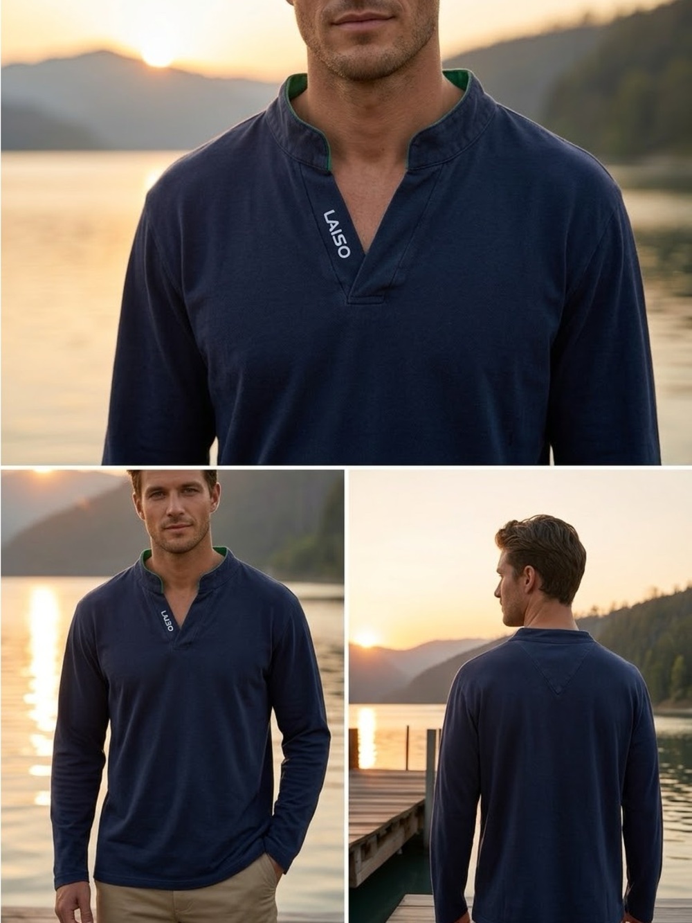 Navy Long-Sleeve Henley with Contrast Collar